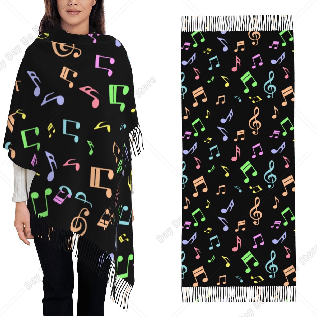 Pashmina Wrap Large - ผ้าคลุมไหล่ลายโน้ตดนตรีน่ารักและมีสีสันสำหรับสุภาพสตรี ผ้าพันคอขนาดใหญ่ นุ่ม อุ่นสบาย ผ้าพันคอพัชมีนา