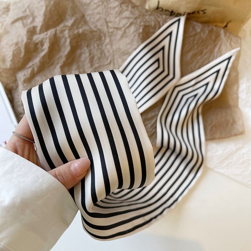Silk Tie Striped - ผ้าพันคอไหมพิมพ์ลายสไตล์ฝรั่งเศส ลายทางหรูหรา ผ้าคลุมไหล่พิมพ์ลาย ผ้าพันคอไหมพิมพ์ลาย ผ้าพันคอสไตล์เกาหลี ผ้าพันคอผืนเล็ก