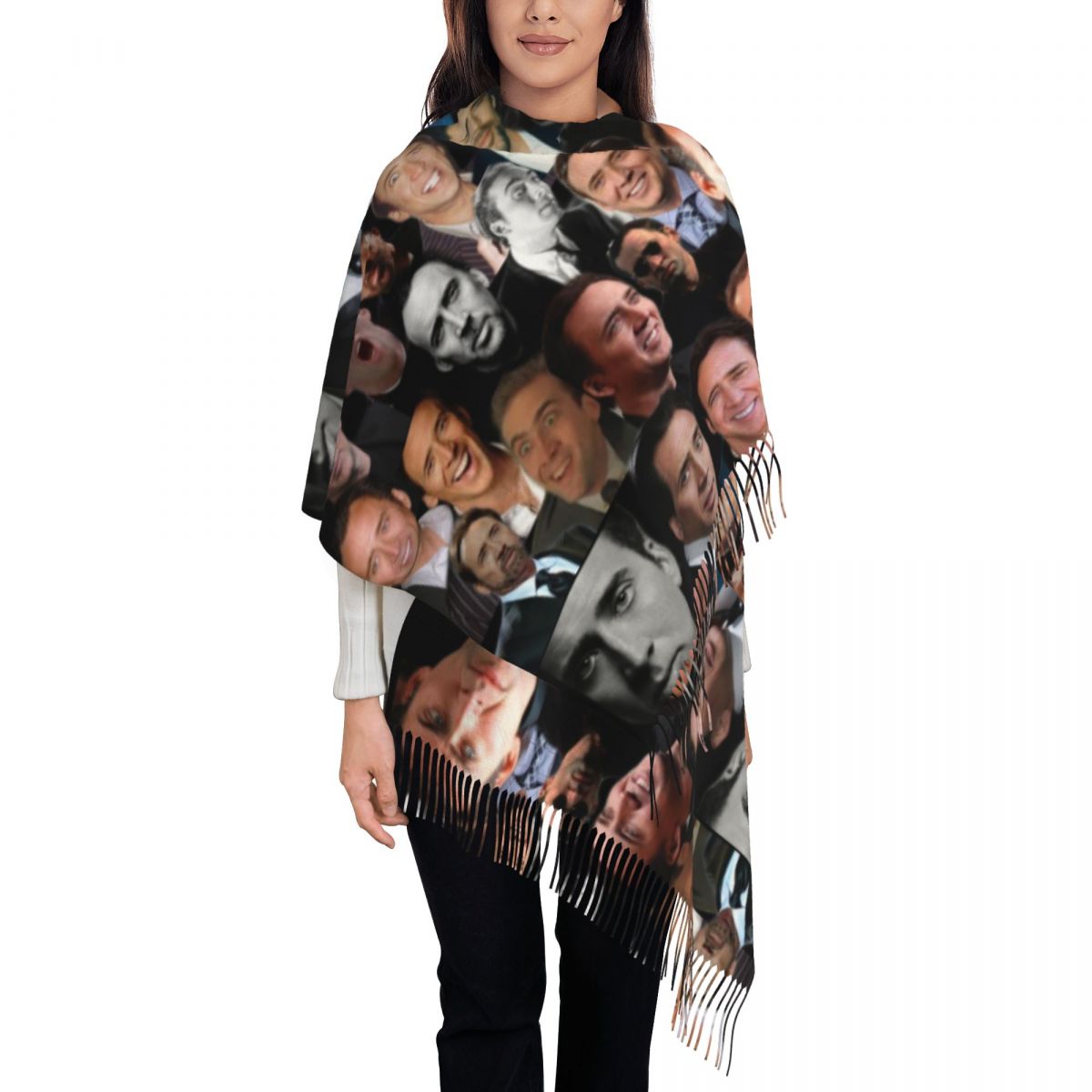 Pashmina Wrap Large - ผ้าคลุมไหลลายคอลลาจนิโคลัส เคจ สำหรับผู้หญิง ผ้าพันคอขนาดใหญ่ นุ่ม อุ่น