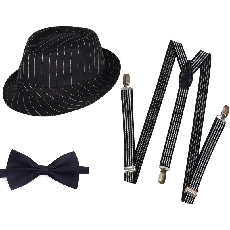 Bow Tie Pre Tied - ชุดคอสตูมผู้ชายยุค 1920 หมวกเฟโดรา อุปกรณ์เสริมสไตล์แก๊สบี้ สายรัดเอวและหูกระต่ายผูกสำเร็จ หมวกทรงสูงลายตารางวินเทจ