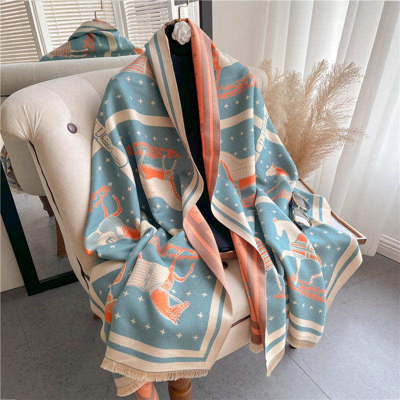 Woven Scarf Blanket - Luxury Horse พิมพ์หนาผ้าห่มแคชเมียร์ผ้าพันคอผู้หญิง Pashmina Shawl ฤดูหนาว