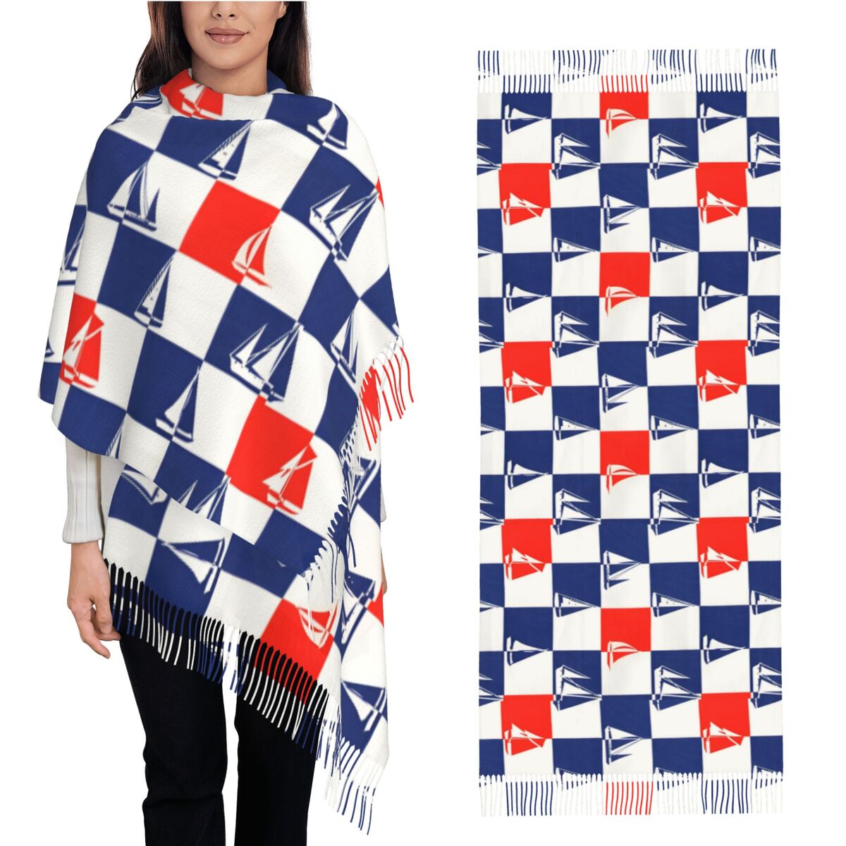 Pashmina Wrap Large - ผ้าพันคอพิมพ์ลายเรือใบและมหาสมุทร สำหรับฤดูใบไม้ร่วงและฤดูหนาว ผ้าพันคอพัชมีนา ลายปลาฉลามดาว ผ้าคลุมไหล่ขนาดใหญ่พร้อมพู่ห้อย สำหรับชุดราตรี