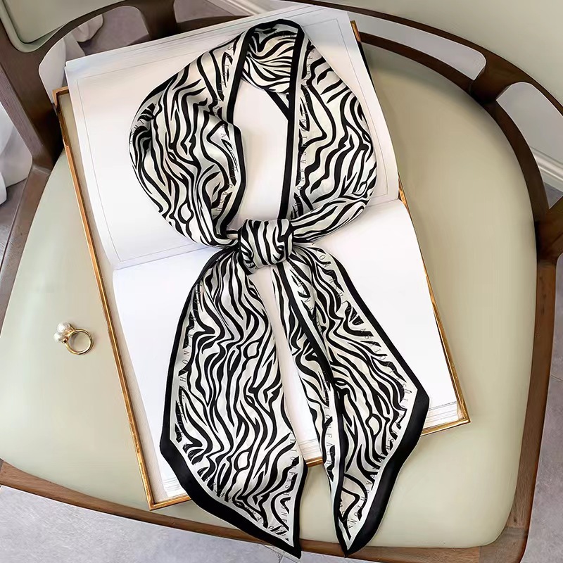 Silk Tie Striped - ผ้าพันคอไหมพิมพ์ลายม้าลายสุดหรูสำหรับผู้หญิง ผ้าซาตินเนื้อนุ่ม ใช้เป็นผ้าโพกผม ผ้าพันคอ ผ้าคลุมศีรษะ ผ้าคาดผม