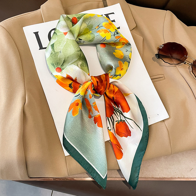 Silk Neck Scarf - 70x7ผ้าพันคอผืน syal Sutra สำหรับแฟชั่นสำหรับผู้หญิง0ซม. ผ้าคลุมไหล่พิมพ์ลายดอกไม้ผ้าพันคอที่รัดผมฤดูหนาวสำหรับฤดูใบไม้ผลิฤดูร้อน