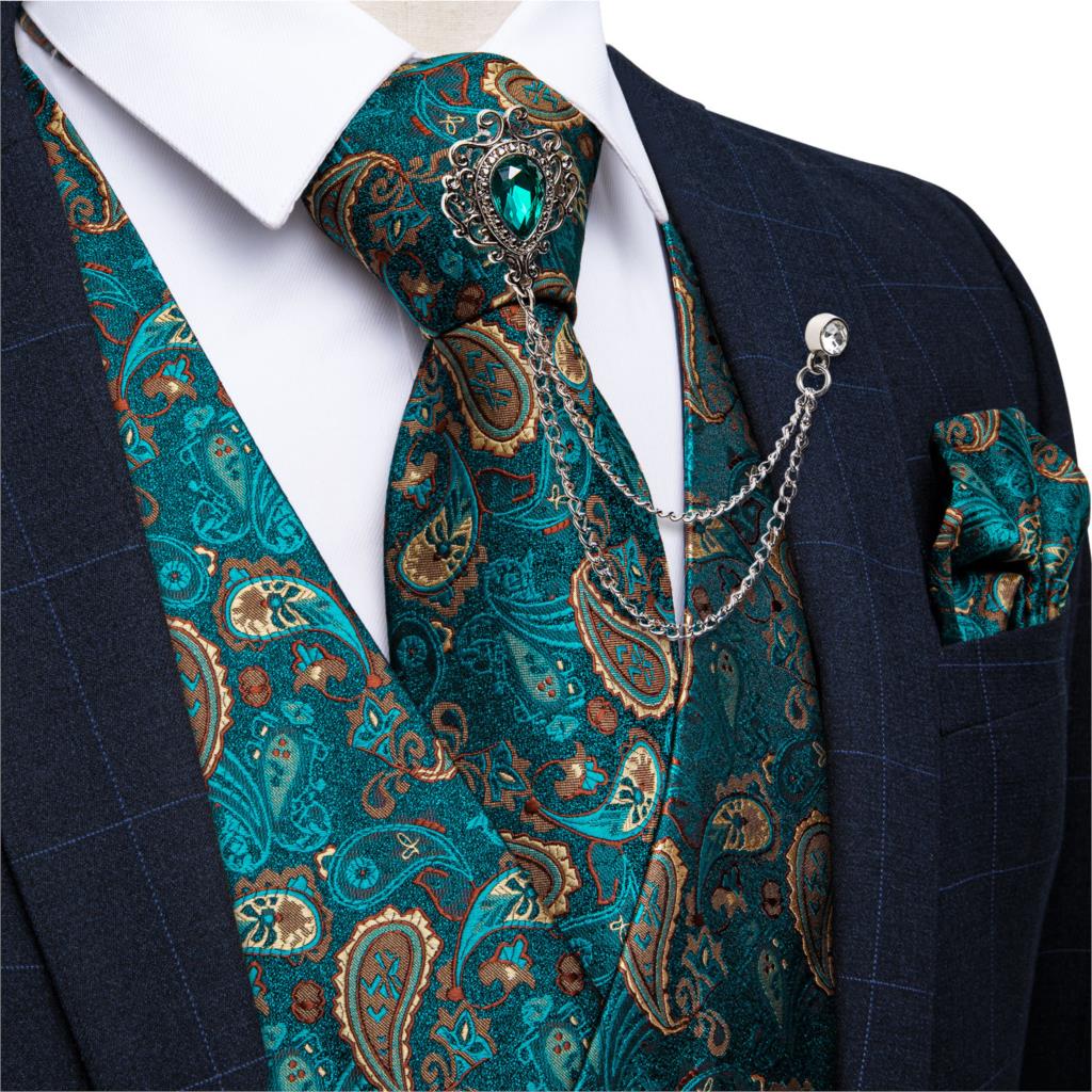 Pocket Square Set - ชุดเสื้อกั๊กสีเขียวอมฟ้าลายเพสลีย์สำหรับชุดสูทผู้ชาย พร้อมเนคไท เข็มกลัด และผ้าเช็ดหน้าสำหรับชุดทักซิโด้
