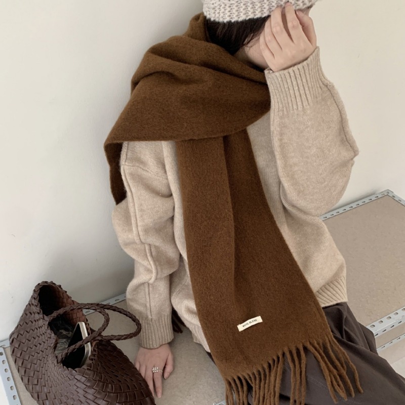 Muffler Men Wool - ผ้าพันคอไหมพรมผสมขนสัตว์แบบมินิมอล สไตล์เกาหลี ดีไซน์เรียบหรู พร้อมพู่ห้อย สำหรับผู้หญิงและผู้ชาย ใช้ได้ในฤดูหนาว