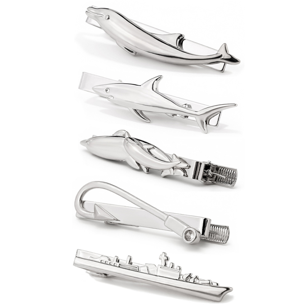 Tie Clip Silver - คลิปหนีบเนคไทรูปสัตว์ทะเลสุดสร้างสรรค์สำหรับผู้ชาย สีเงิน รูปฉลามและโลมารูปทรงหัวเข็มขัด ใช้สำหรับตกแต่งและยึดเนคไทในชุดสูทธุรกิจ
