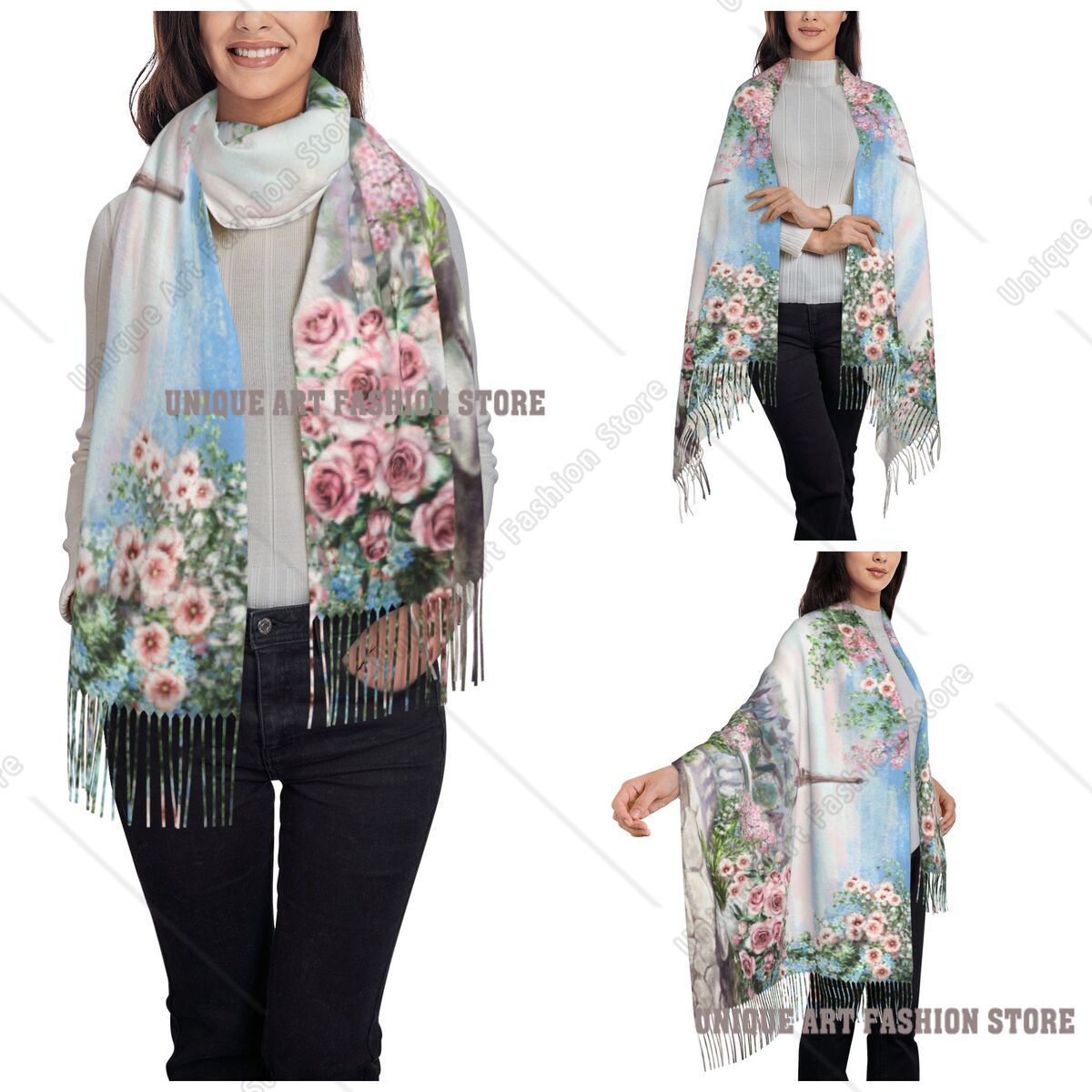 ผ้าพันคอไหมพรมลายดอกไม้สีน้ำ ร - Pashmina Wrap Large บทวิจารณ์และราคา