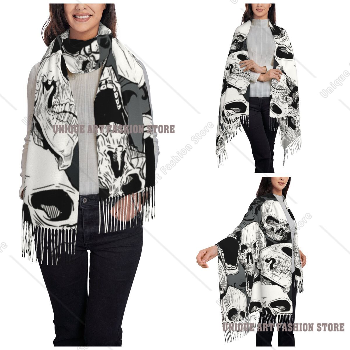 ผ้าพันคอพู่ห้อยลายหัวกะโหลกสไต - Pashmina Wrap Large บทวิจารณ์และราคา